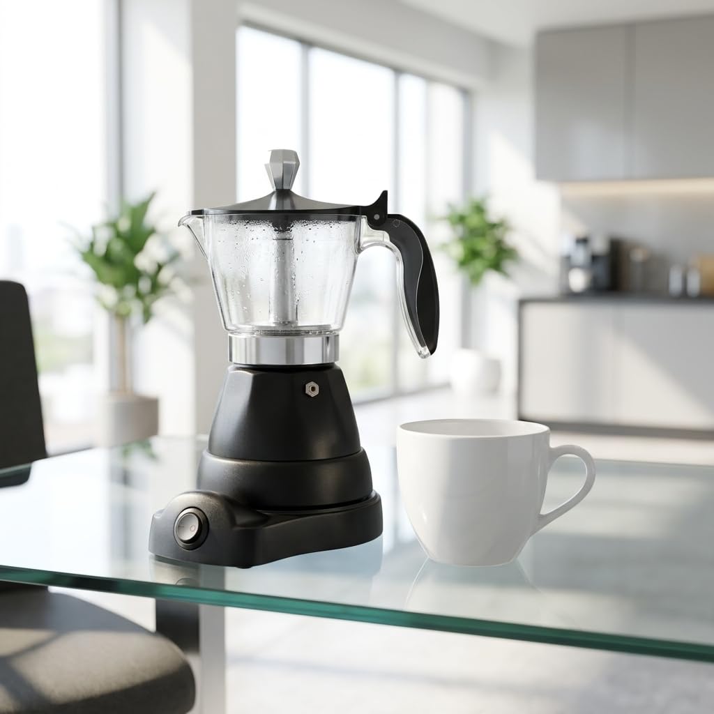 MAKA Moka Elettrica 1-3 Tazze Caffettiera con 1 Filtro per 1 Tazzina Pronto in 4 Minuti Mantiene il Caffè Caldo per 30 Minuti 400W Autospegnimento Alluminio Nero Grigio Argento Antischizzi (Nero)