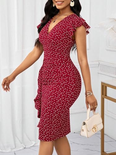 Image of Yajedo Women's Summer Bodycon Midi Dress Print Ruffled Sleeves V Neck Ruched Cocktail Pencil Dress