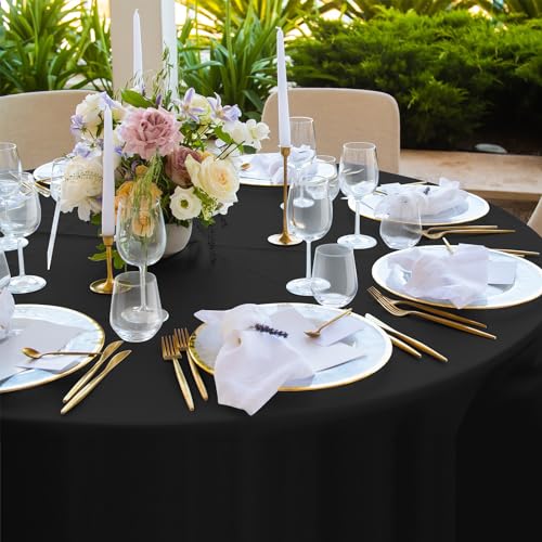 Image of 16 Pack Black Plastic Tablecloth for Round Tables, Premium Decorative Black Disposable Table Cloths for Parties, Bulk Round Party Table Cover for Birthday Wedding Anniversary Graduation, 84 Inch