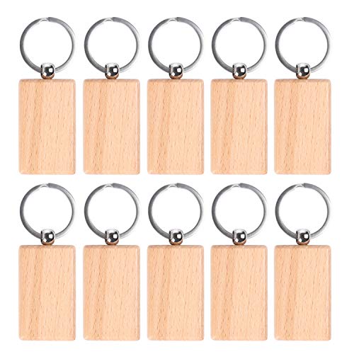 KKC 10 Pcs Blank Wooden Key Chains Rectangle Wood Key Chain Tags to Paint Personalized Key Rings for Engraving DIY Tags Key Craft Supplies
