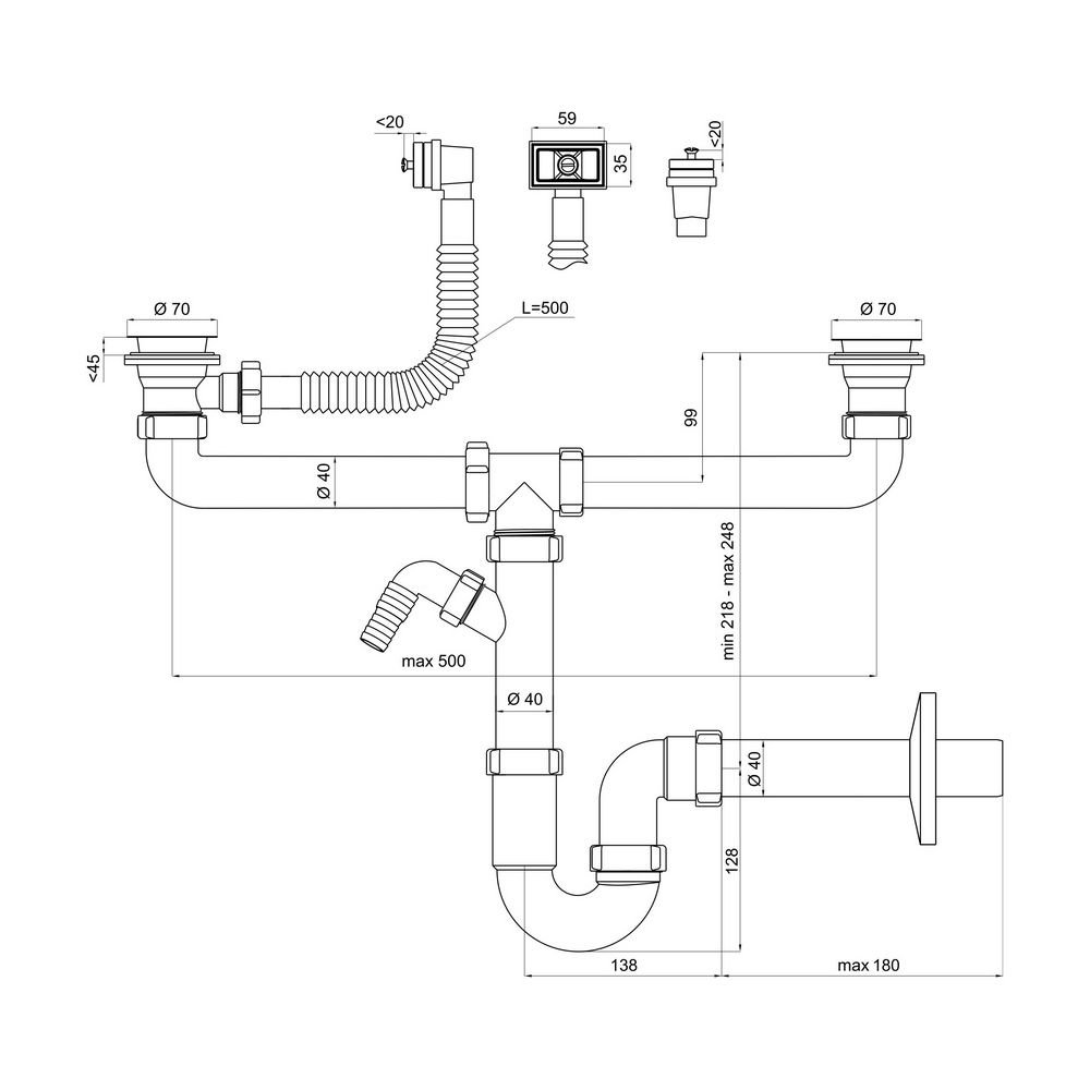 Image secondaire de Siphon pour Évier à 2 Bacs avec Panier Métallique - 70 mm