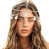 VENOFEN Boho Shell Starfish Gold Head Chain Adjustable Multi-Layer Pearls Headpiece with Starfish Pendant Forehead Jewelry Summer Beach Hair Accessories for Women and Girls