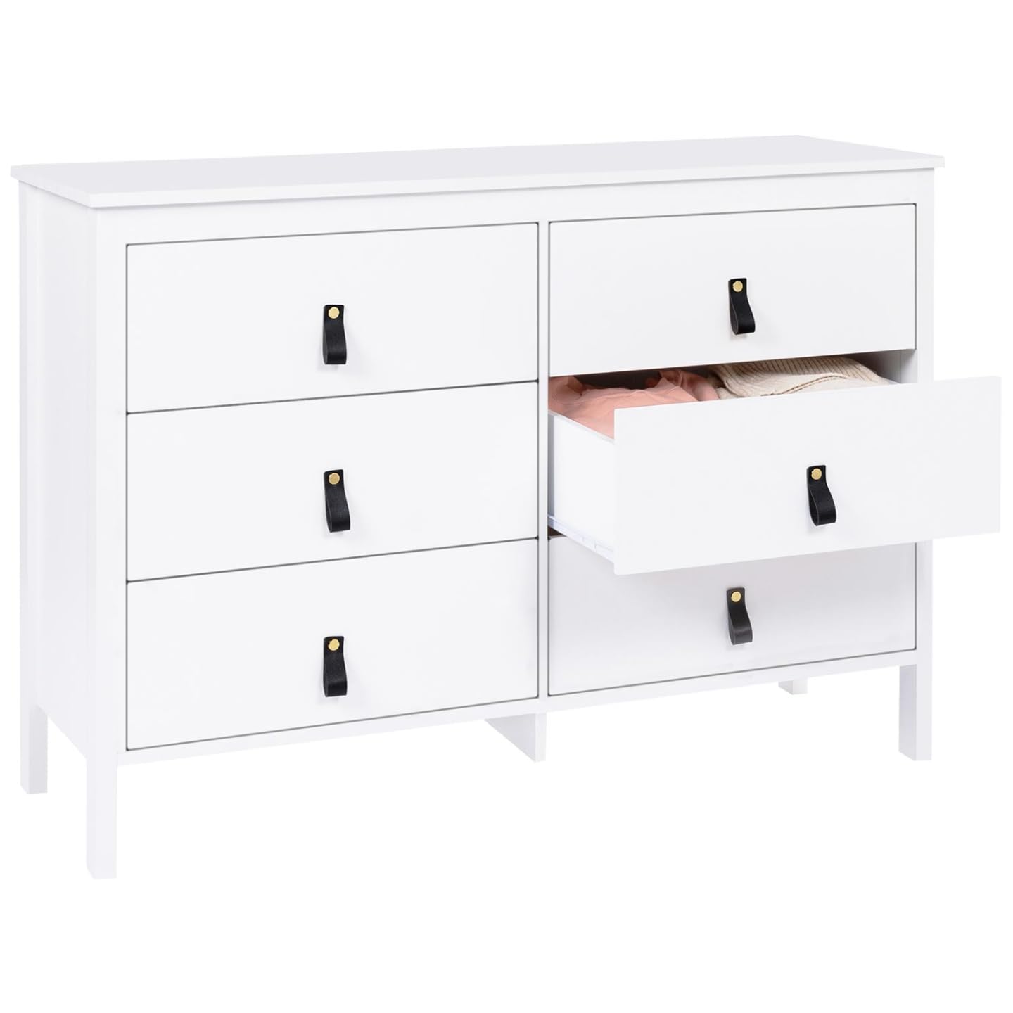 IDMarket - Commode 6 tiroirs Milano 115 cm Bois Blanc avec poignée Languette Noire
