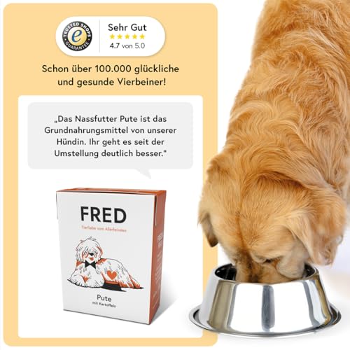 FRED Nassfutter Hund Pute mit Kartoffeln – Monoprotein – 50 % Pute in Lebensmittelqualität – Getreidefrei – mit Gemüse & Quinoa – Alleinfuttermittel für ausgewachsene Hunde – 390 g Tetra Pak