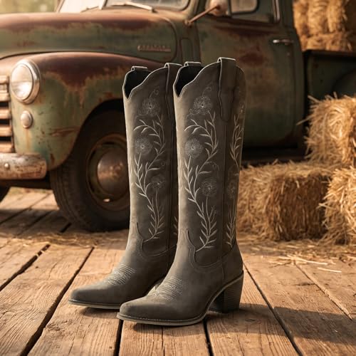 Image of wetkiss Women's Pointed Toe Cowboy Boots | Knee High Cowgirl Boots, Retro Embroidery, Chunky Heel, Pull-On, Style for a Classic Western Look,Stable and Comfortable