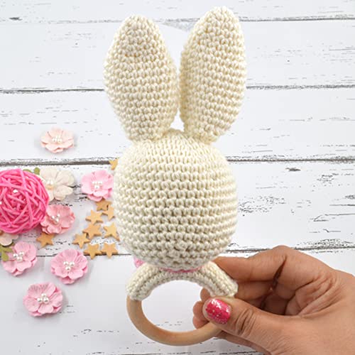 Image of Love Crochet Art Animal Shape Crochet Rattle Cum Soft Toy for Infant, Kids & Babies, Early Age Gift Toys (Bow Rabbit - Cream)