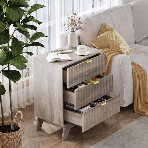 Image of Wodeer Grey Night Stand with 3 Drawers, Bedside Table & End Table, 24 inch Wide Mid Century Modern Fluted Wood Nightstand with Metal Handles, Farmhouse Night Stands for Bedroom, Gray