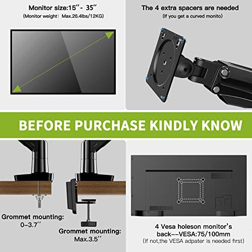 Single Monitor Mount Stand, Heavy-Duty Computer Monitor Stand for Desk, Height Adjustable Gas Spring Monitor Arm for 15-35 Inch Screen with USB, Ultrawide Monitor Mount Holds up to 26.4lbs, APSS12B