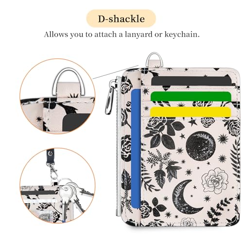 Image of Hancynir Goth Floral Moon Small Wallet Women Credit Card Holder, Gothic Flower Slim RFID Blocking Keychain Card Wallets, Cute Mini Front Pocket PU Leather Thin Travel Zipper Coin Cash Wallet Gifts