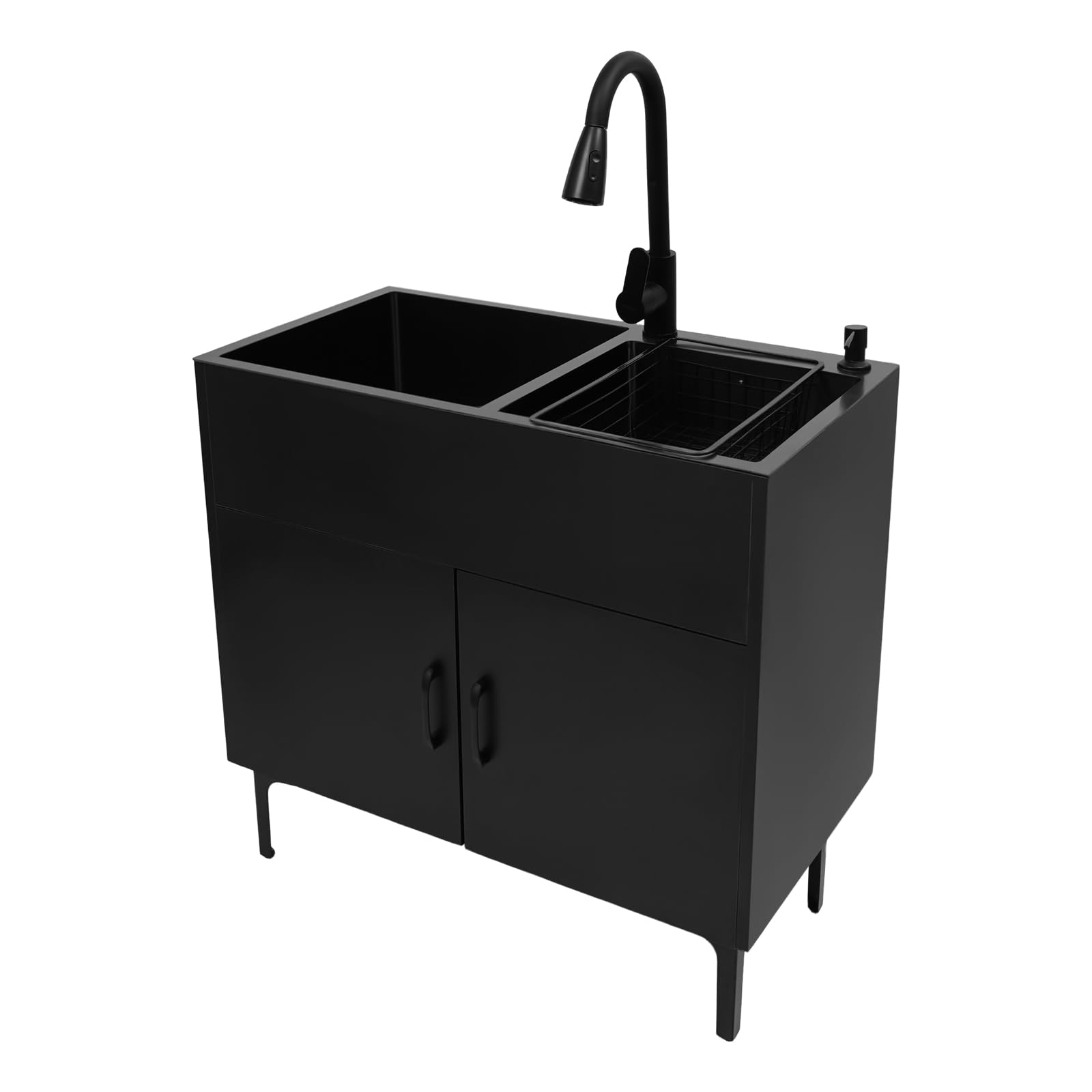 81x43x78cm Freistehende Küchenspüle mit Unterschrank Wassersäule Sprühstrahl Wasserauslass-Modi Doppelbecken Spülenschrank für Küche, Garten, Outdoor, Werkstatt (Schwarz)