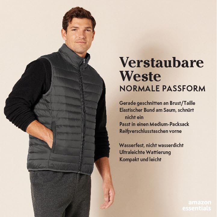 Amazon Essentials Herren Leichte, Wasserbeständige Pufferweste, Verstaubar, Schwarz, XXL