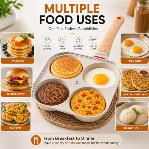Image of Non-Stick 4-Hole Frying Pan for Cooking | Heavy-Duty Iron Egg Frying Pan with Wooden Handle | Multi-Section Omelette & Pancake Maker | Non-Stick Breakfast Skillet for Kitchen (White)