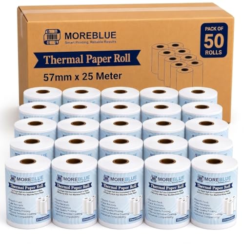 Image of MOREBLUE 58mm(2 inch) x 25 Meter Thermal Receipt Paper Roll, BPA-Free,Print for POS, Credit Card Machines, Cash Registers (Pack of 50)