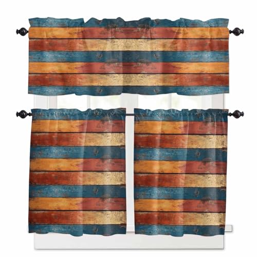 Farmhouse Orange Blue Yellow Kitchen Curtains 36 Inch Length, 3 Piece Rod Pocket Small Half Tiers and Valance Set, Vintage Wood Country Small Large Window Treatment Decor for Bedroom/Bathroom Sink