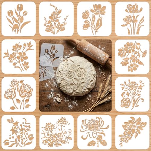 Guduling 12 Pcs Sourdough Stencils Bread Stencils for Sourdough & Cake Decorating 5.12 x 5.12 Inches White PP Baking Stencil Set