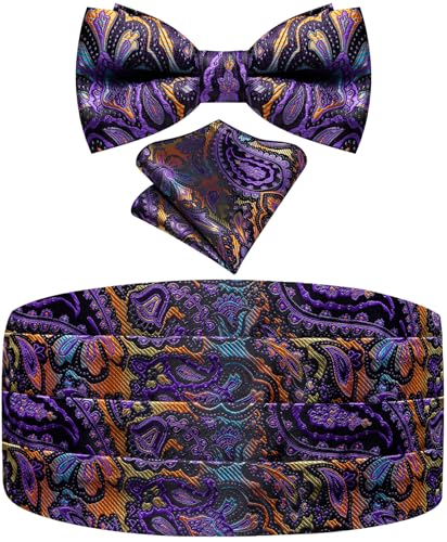 Image of Paisley Floral Tuxedo Cummerbund Bow Tie Pocket Square Set for Men | 3-piece set:cummerbund,bow tie&pocket square.Adjustable back for comfort.Silk blend,wedding,proms,black tie&formal events.