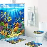 Britimes 4 Piece Shower Curtain Sets, Ocean Fish Coral Reef with Non-Slip Rugs, Toilet Lid Cover and Bath Mat, for Bathroom Decor Set, 72' x 72'