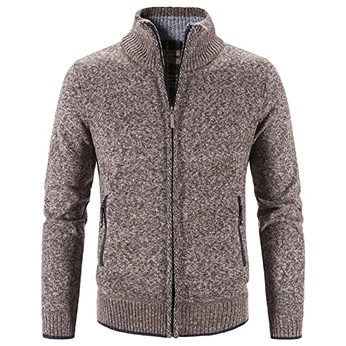 Men Full Zip Up Cardigan Sweaters Slim Fit Flannel Lining Knitted Cardigans Zipper Thick Casual Knit Sweater Coat (Brown,Medium)