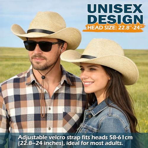 Image of Adjustable Straw Cowboy Hat, Western Cowgirl Sun Hat for Outdoor | Fits Large Heads for Men & Women, Detachable Chin Strap, Shapeable Wide Brim, Breathable & Lightweight