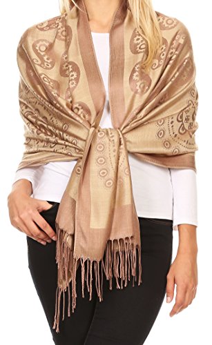 Sakkas 1781 - Mia Reversible Brocade Paisley Scarf Wrap Shawl Soft and Light - Camel - OS
