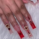 SINSEN Long Square Press on Rhinestone Acrylic Glossy Red French Tip False Nails Kit - Reusable Stick on Finger Manicure Decorations for Women, 24PCS