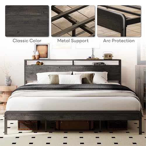 Image of LIKIMIO California King Bed Frame with Headboard, Dark Wood Camas California King with Strong Supports, Sturdy, Noise-Free, No Box Spring Needed, Grey