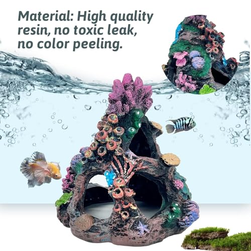 Image of PINVNBY Coral Aquarium Decorations (Size: 6.3 x 4.7 x 4.7 inches) Small Fish Tank Decorations Hideout Resin Rock Mountain Cave Ornaments Betta Hideout House for Beta Sleep Rest Hide Play Breed