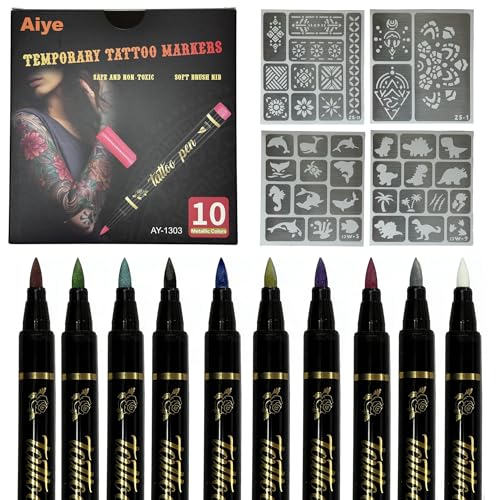 10 Colors Metallic Body Paint Markers Temporary Tattoo Markers with 4 Stencil Sheets Waterproof Quick Dry Washable Skin Safe Face Paint Pens for Halloween Easter Christmas & Festivals