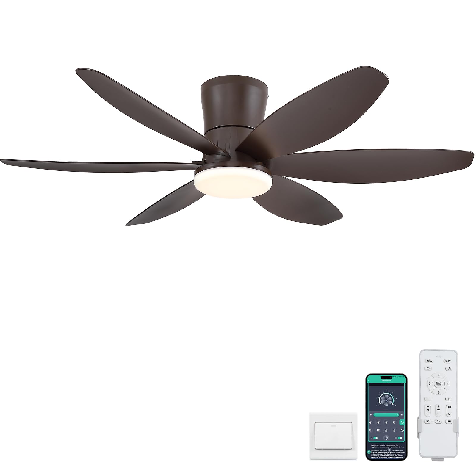 Surtime 48In Ceiling Fans with Light and Remote/APP Control, 6-Blade Reversible Motor Ceiling Fan, 3-Color Dimmable Lighting, All-Brown Finish