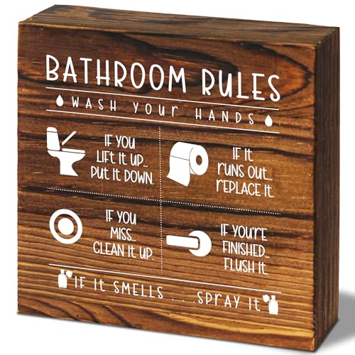 FUQWZ Funny Bathroom Natural Wooden Box Sign, Farmhouse Rustic home Decor, House Decor For Restroom Toilet Washing Basin Shelf Table, Bathroom Rules Warning Sign, Gifts for Thanksgiving Christmas(060)