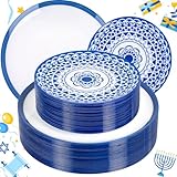 EI 60pcs Blue Plastic Plates Disposable Blue and White Floral Baroque Plastic Plates Fancy Decorative Plate Disposable Heavy Duty with Retro Classic Art Suitable for for Party,Birthday,Wedding