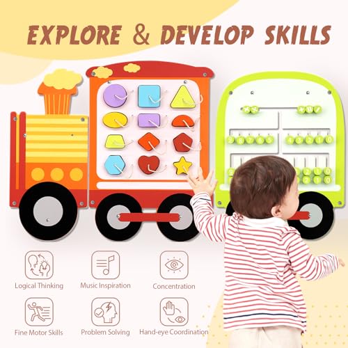 Image of Joyreal Train Activity Wall Busy Board Panels - 8-in-1 Toddler Learning Activity Center - Wooden Montessori Sensory Toys for Playroom, Daycare, Classroom - Educational Toy for All-Round Development