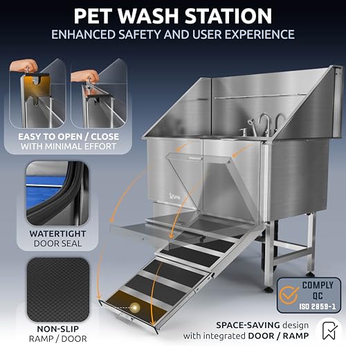 Image of KANIS Professional Dog Washing Station 304 Stainless Steel Pet Wash Sink & Grooming Bathtub w /Shower, Floor Grates and Storage for Large, Medium & Small Pets (Silver, 50 Inches, Right Ramp, 1 Drawer)