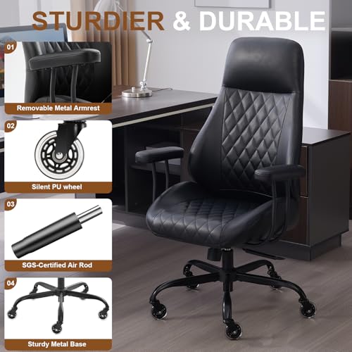 Image of E-Motie Office Chair with Rubber Wheels, Ergonomic Computer Chair 500 lbs, Leather Desk Chair with Lumbar Support, Executive Chair Adjustable Height & Recline, Black