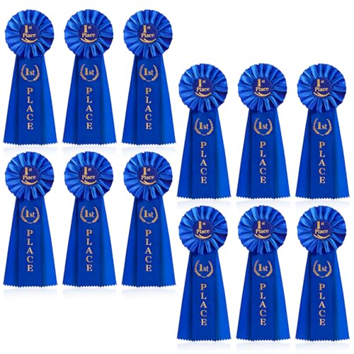 12 Pieces Award 1st Place Ribbons Rosette Ribbon Award Medals Prize Ribbon 1st Winner Victory Place Ribbons for Honorable Recognition, Sports Event, Costume Contest, Horse Show, Blue