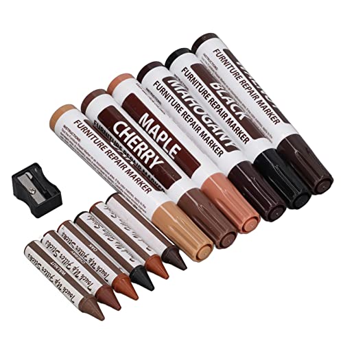 Fydun Furniture Repair Kit, 6Pcs Markers Fast Dry Scrub Wood MarkersFurniture Scratch Covers & Removers Assorted Color with Sharpener Crayon for Touch Up,