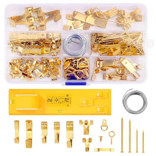 Juego de 224 ganchos para cuadros con alambre, juego completo con alambre para colgar, ganchos, clavos, martillo y nivel de burbuja, juego de ganchos para cuadros, perfecto para colgar cuadros de