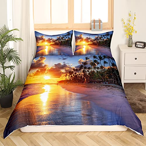 Feelyou Beach Duvet Cover Set Queen Size Summer Sea Ocean Bedding Set Hawaiian Tropical Palm Tree Nature Comforter Cover Microfiber With 2 Pillow Shams,Zipper, 3D Print Soft Sunset 3 Pieces #TOP2