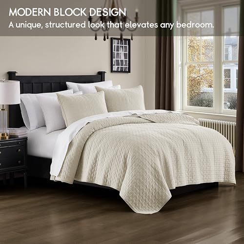 Image of palassio Beige 100% Cotton Quilt Queen Size Bedding Sets with 2 Pillow Shams, Textured Lightweight Soft Bedspread Shabby Chic Coverlet, Neutral Quilted Comforter Bed Cover for All Season, 3 Pieces