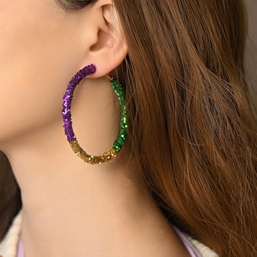 RareLove Lightweight Purple Yellow Green Mardi Gras Hoop Earrings for Women Big Size Mardi Gras Costume Jewelry Accessories4
