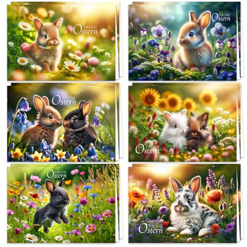 Osterkarten mit Umschlag Frühlingszauber 12er-Set aufklappbare Frohe Ostern Grußkarten im A6 Format Klappkarten mit süßen Hasen auf einer Wiese Frohe Ostern Kartenset Umschlag hochwertig