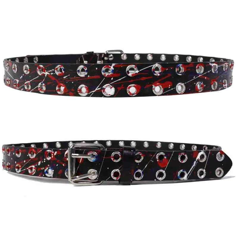 Double Grommet Belt for Women Men Genuine Leather Belts Graffiti Prong Buckle Vintage Punk Rock Jeans Belts4