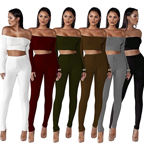 Dreamparis Women's 2 Piece Outfits Ribbed Off Shoulder Crop Top + Skinny Pants Sets (S, Grey)