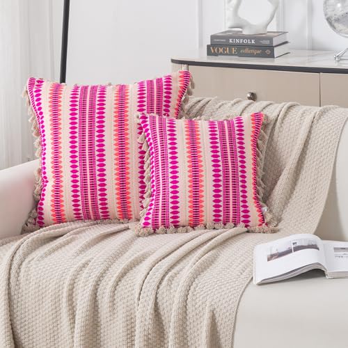 Image of HOKIPO 'Artisan Boho Series' 450 GSM Cushion Cover with Tassels | Cotton Acrylic Jacquard | 16x16 Inch (40x40 cm) | Pack of 2, Fucshia Pink (IN-905-A5*2)