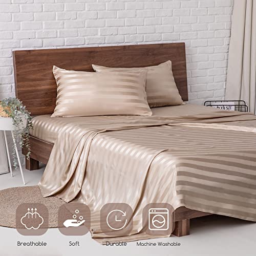 Image of MR&HM Satin Bed Sheets, Twin Size Sheets Set, 3 Pcs Silky Bedding Set with 15 Inches Deep Pocket for Mattress(Twin, Champagne Striped)