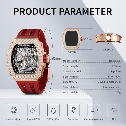 Image of TSAR BOMBA Men's Automatic Watch Tonneau Luxury Skeleton Watches for Men Mechanical 50M Waterproof Analogue Watches Mens Unique Cool Square Big Face Dial Wristwatch with Silicone Strap Band