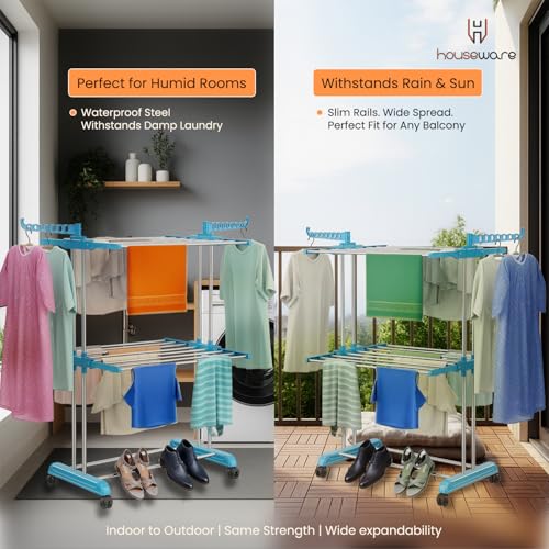 Image of H Houseware Heavy Duty Stainless Steel 2 Tier Cloth Drying Stand with Wheels | Double Pole Clothes Dryer & Laundry Rack | 43.18D x 73.66W x 115.82H cm | Rustproof & Portable (Blue)