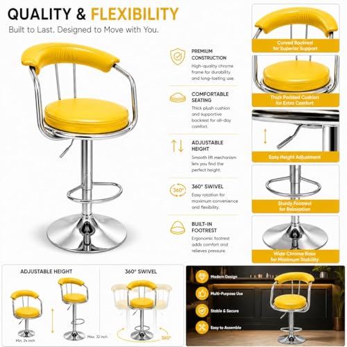 Image of Kemon Modern Adjustable Swivel Bar Stool Chair with Backrest, PU Leather Hydraulic Counter Stool with Footrest for Kitchen Island, Cafe & Home Bar (1, Yellow, Round Barrel Stool)