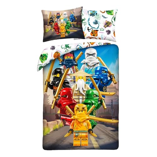 Halantex Parure de Lit Lego Ninjago Team – Housse de Couette Réversible 140x200 cm + Taie d'oreiller – 100% Coton