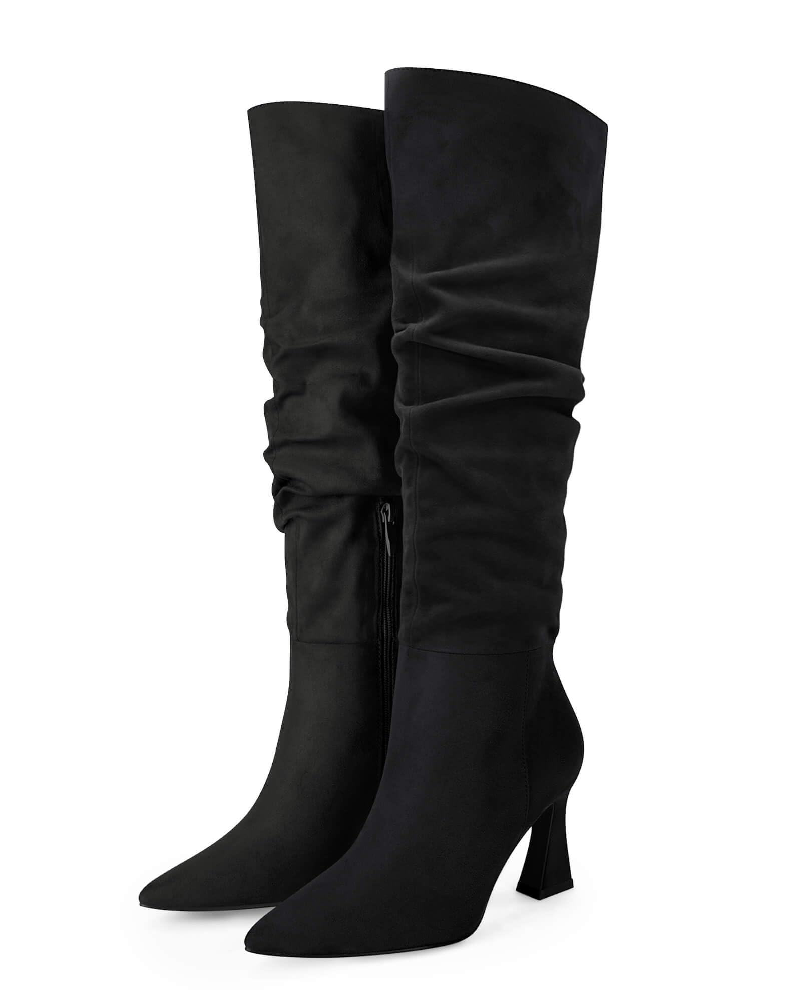 Coutgo Womens Slouchy Knee High Boots Wide Calf Pointed Toe Side Zipper Chunky Heel Long Boots Winter Shoes